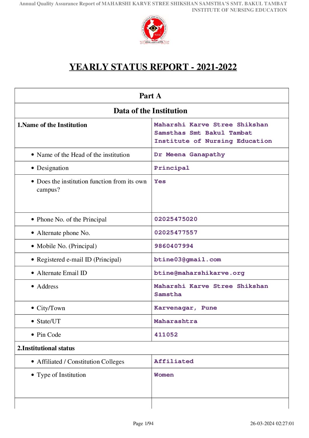 YEARLY STATUS REPORT – 2021-2022