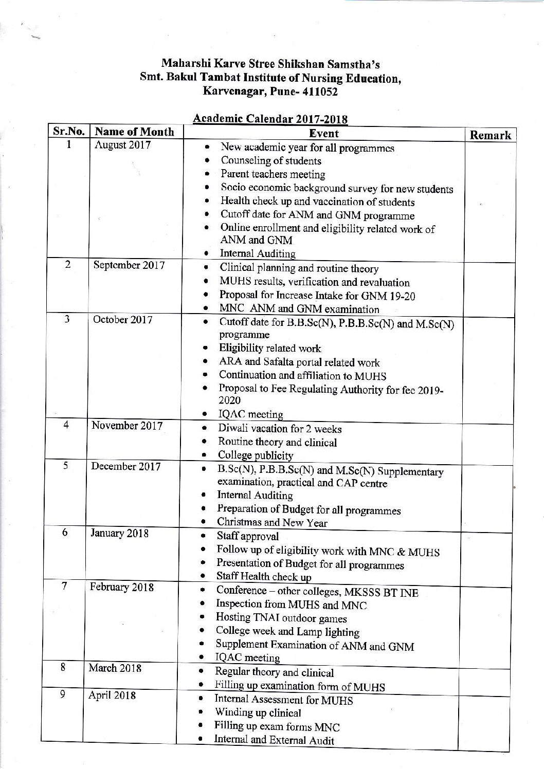 academic calendar-2017-18